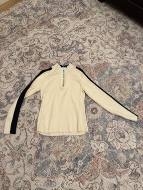 DKNY Cream Half-Zip Ribbed Sweater with Black Sleeve Stripes 100% Cotton